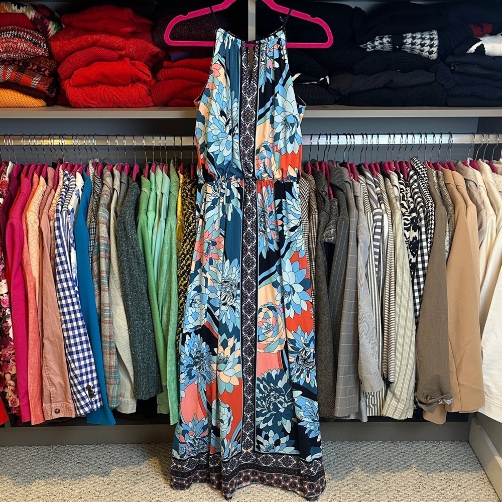 London Times blue/coral floral sleeveless elastic waistband maxi dress size 4